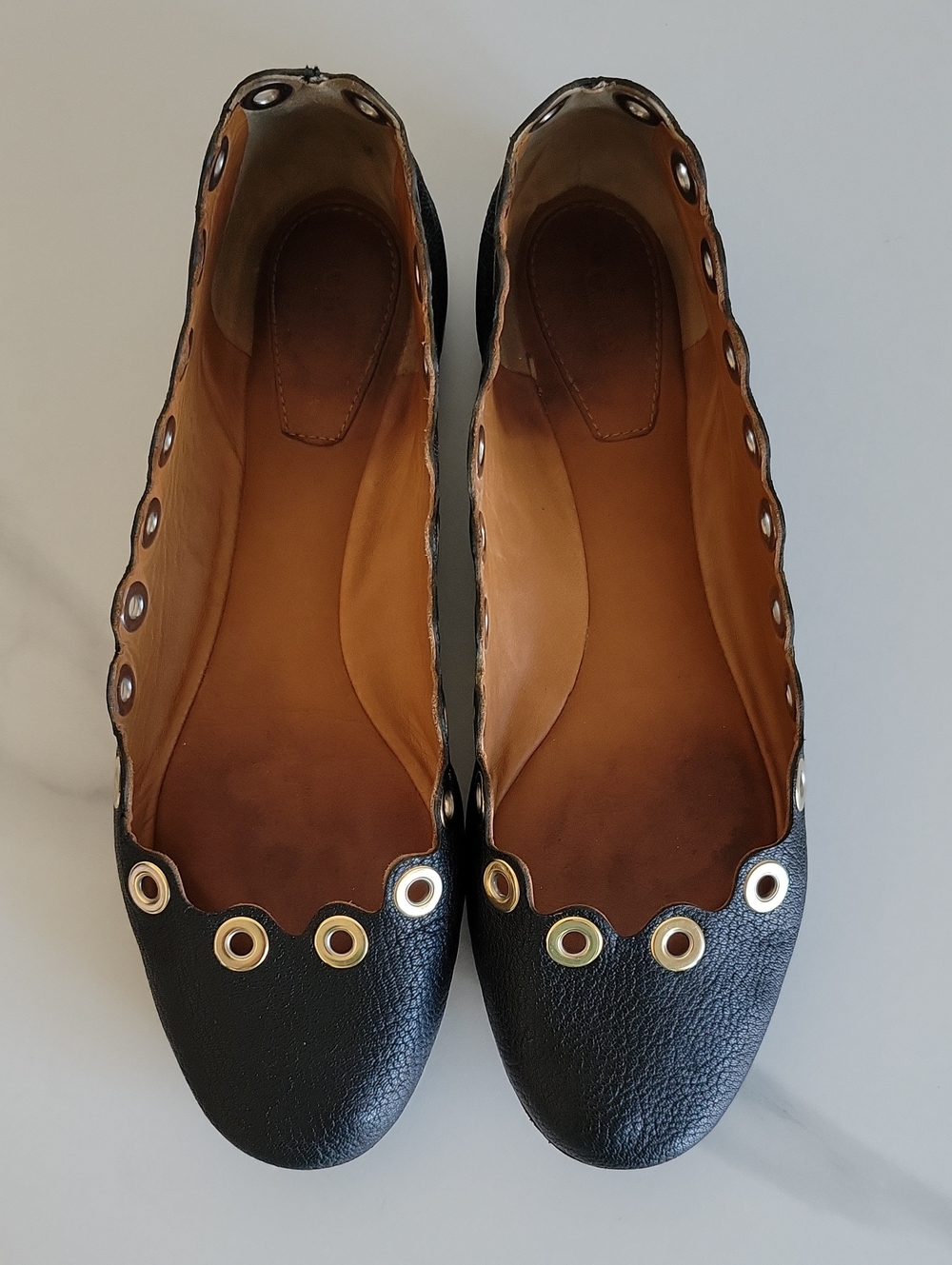 Chloe Black Leather Scalloped Ballet Flats with Eyelet Detail